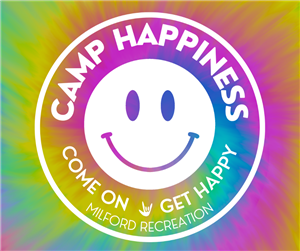 Logo for Camp Happiness featuring a white smiley face and the "I Love You" hand sign in ASL, set against a vibrant rainbow tie-dye background.